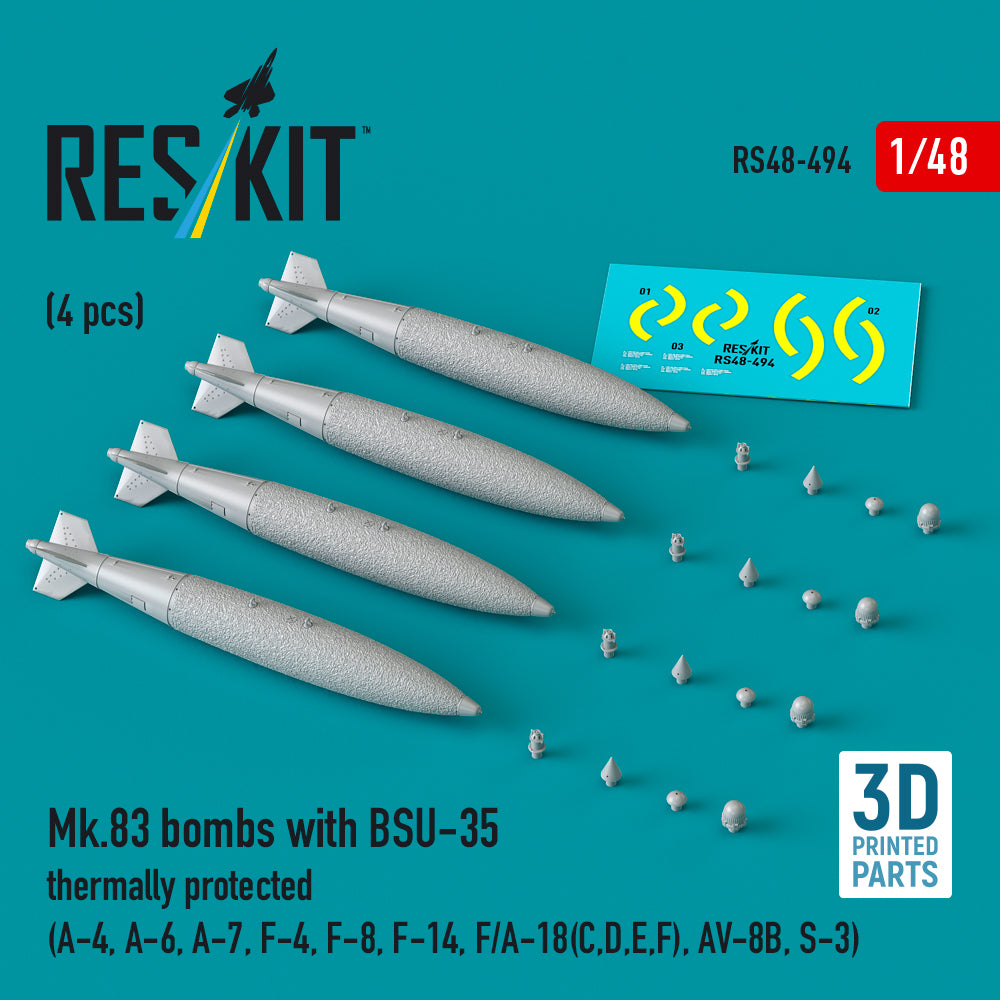 Mk.83 bombs with BSU-35 thermally protected (4 pcs) (Douglas A-4, A-6, LTV A-7, McDonnell F-4, F-8, Grumman F-14, F/A-18(C,D,E,F), McDonnell-Douglas AV-8B, Lockheed S-3A/S-3B Viking) (3D-Printed)