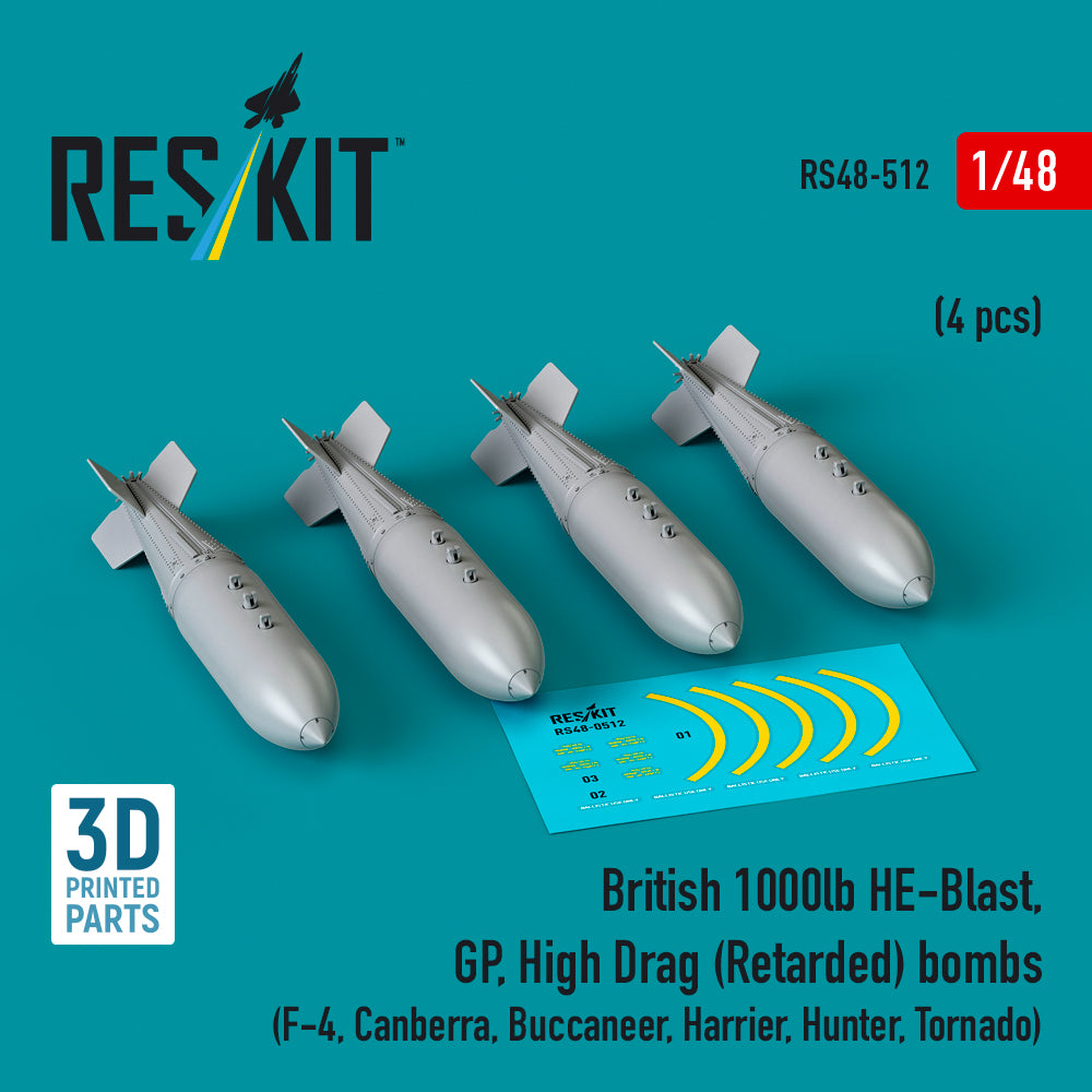 British 1000lb HE-Blast, GP, High Drag (Retarded) bombs (4 pcs) (McDonnell F-4, Canberra, Buccaneer, Harrier, Hunter, Tornado) (3D-Printed)