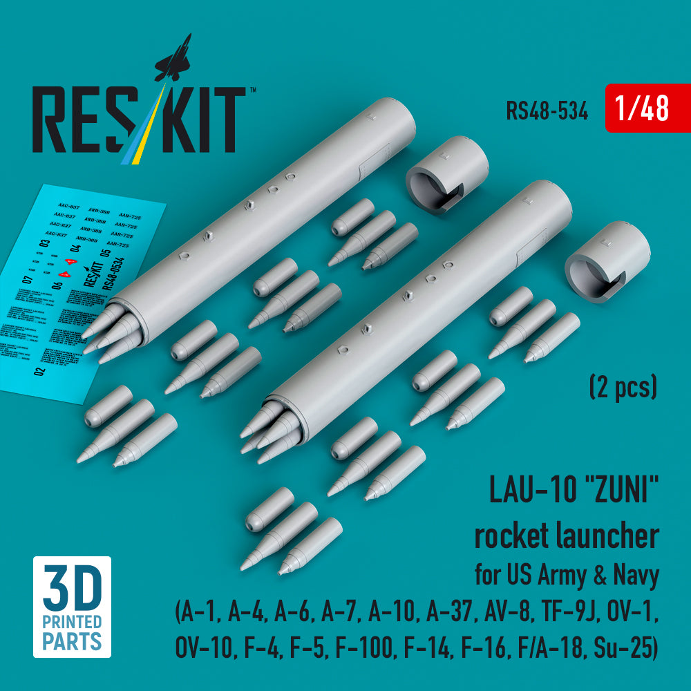 LAU-10 'ZUNI' rocket launcher for US Army & Navy (2 pcs) (A-1, A-4, A-6, A-7, Fairchild A-10, A-37, AV-8, TF-9J, OV-1, OV-10, F-4, F-5, F-100, F-14, F-16, F/A-18, Sukhoi Sukhoi Su-25) (3D-Printed) (1/48)
