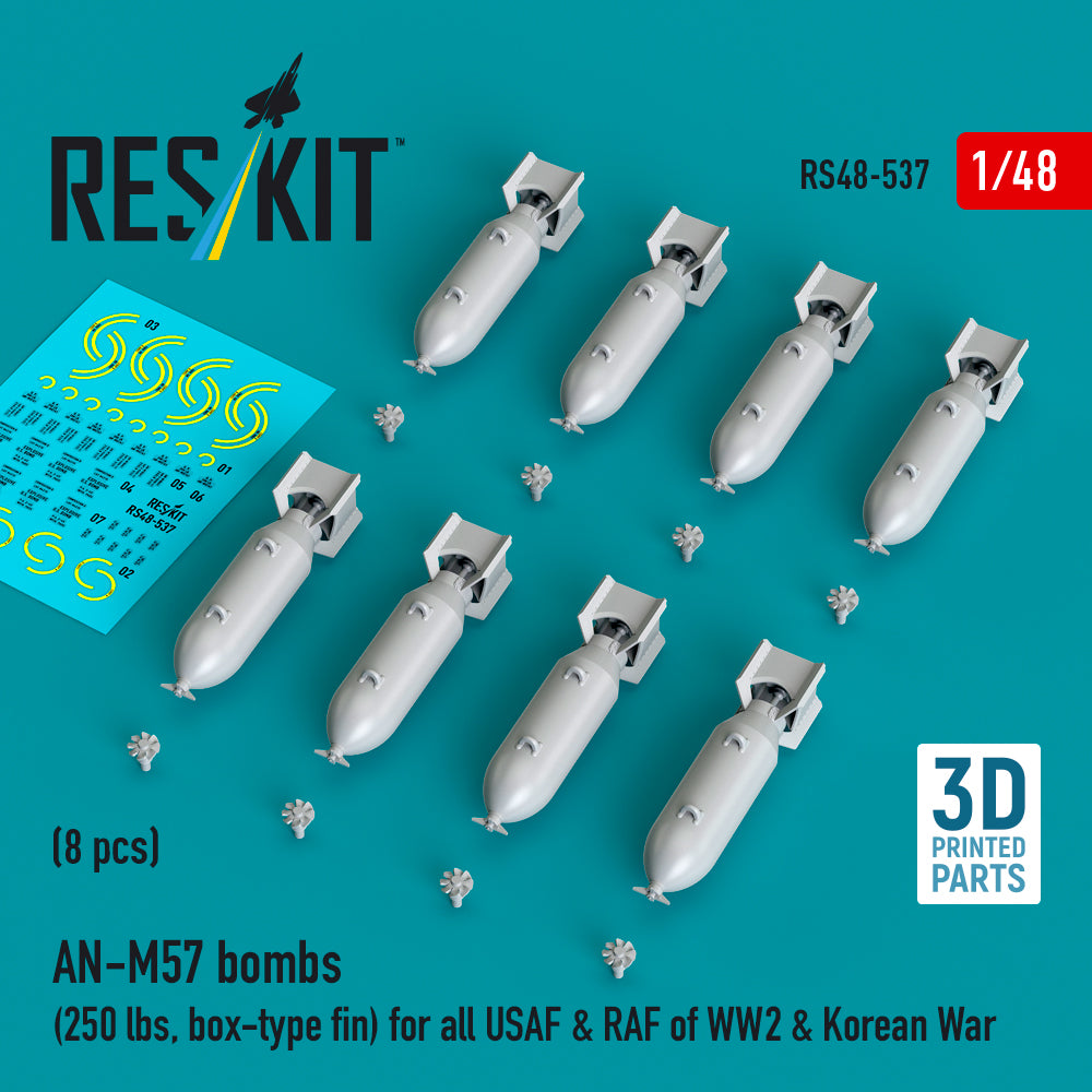 AN-M57 bombs (250 lbs, box-type fin) for all USAF & RAF of WW2 & Korean War (8 pcs) 3D-Printed