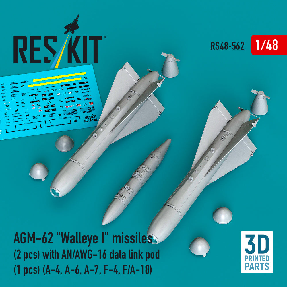 AGM-62 'Walleye I' missiles (2 pcs) with AN/AWG-16 data link pod (1 pcs) (Douglas A-4, A-6, A-7, F-4, F/A-18) (3D-Printed) (1/48)