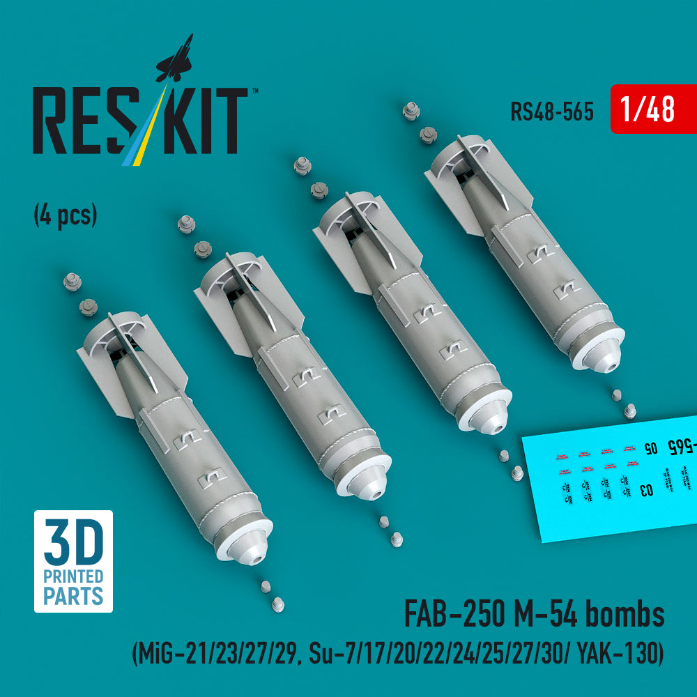 FAB-250 ?-54 bombs (4 pcs) (Mikoyan MiG-21/23/27/29, Sukhoi Sukhoi Su-7/Su-17/Su-20/Su-22/Su-24/Su-25/Su-27/Su-30/ Yakovlev YAK-130) (3D-Printed) (1/48)