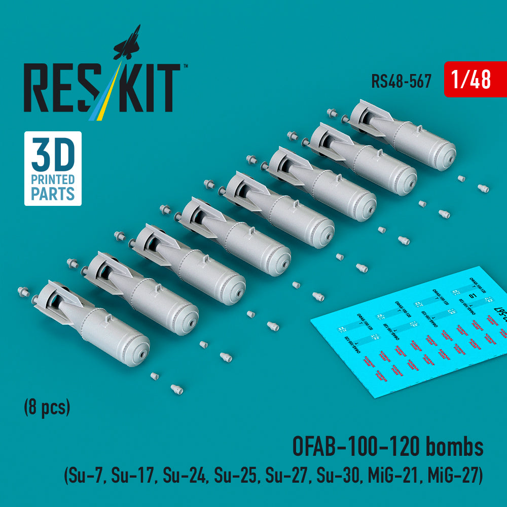 OFAB-100-120 bombs (8 pcs) (Sukhoi Su-7, Su-17, Su-24, Su-25, Su-27, Su-30, Mikoyan MiG-21, Mikoyan MiG-27) (3D-Printed) (1/48)