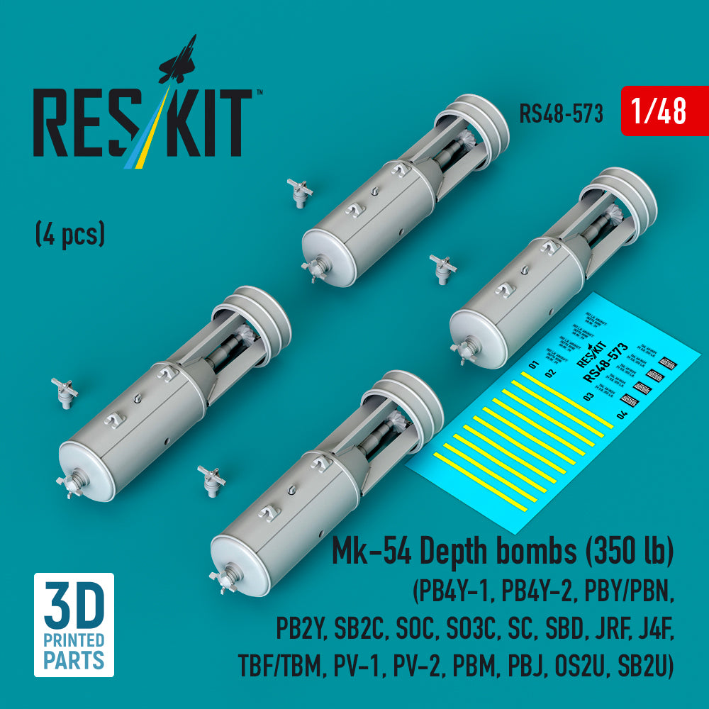 Mk-54 Depth bombs (350 lb) (4 pcs) (Consolidated PB4Y-1, PB4Y-2, PBY/PBN, PB2Y, SB2C, SOC, SO3C, SC, SBD, JRF, J4F, TBF/TBM, PV-1, PV-2, PBM, PBJ, OS2U, SB2U) (3D-Printed) (1/48)