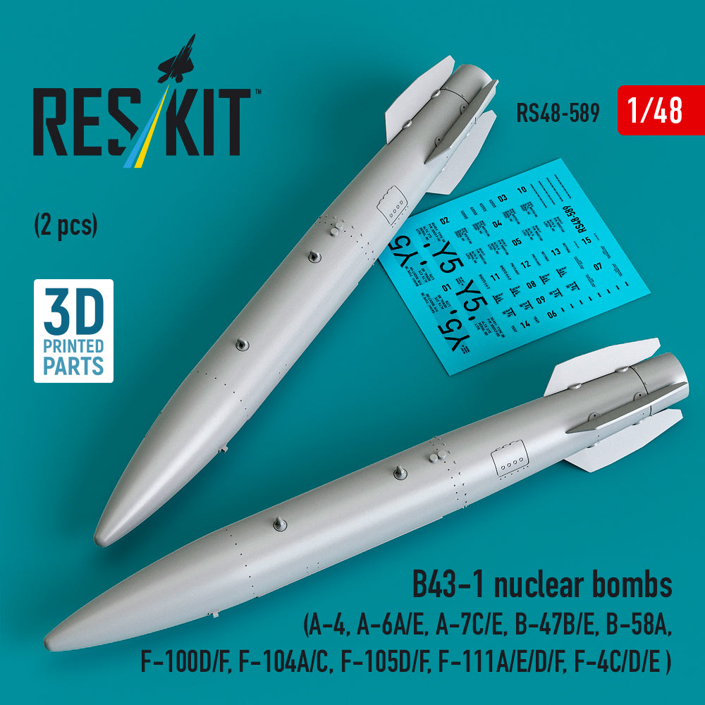 B43-1 nuclear bombs (2 pcs) (Douglas A-4, A-6A/E, A-7C/E, B-47B/E, Convair B-58A, F-100D/F, F-104A/C, Republic F-105 D/F, F-111A/D/E/F, F-4C/D/E ) (3D-Printed) (1/48)