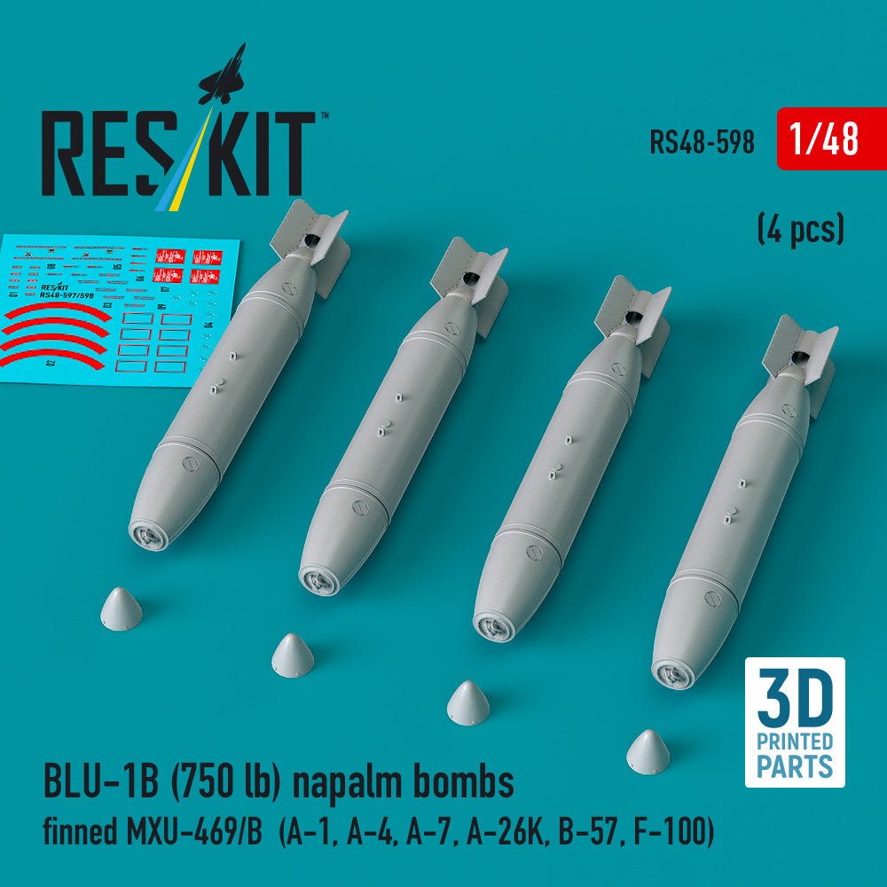 BLU-1B (750 lb) napalm bombs finned MXU-469/B (4 pcs) (A-1, Douglas A-4, A-7, A-26K, B-57, F-100) (3D-Printed) (1/48)