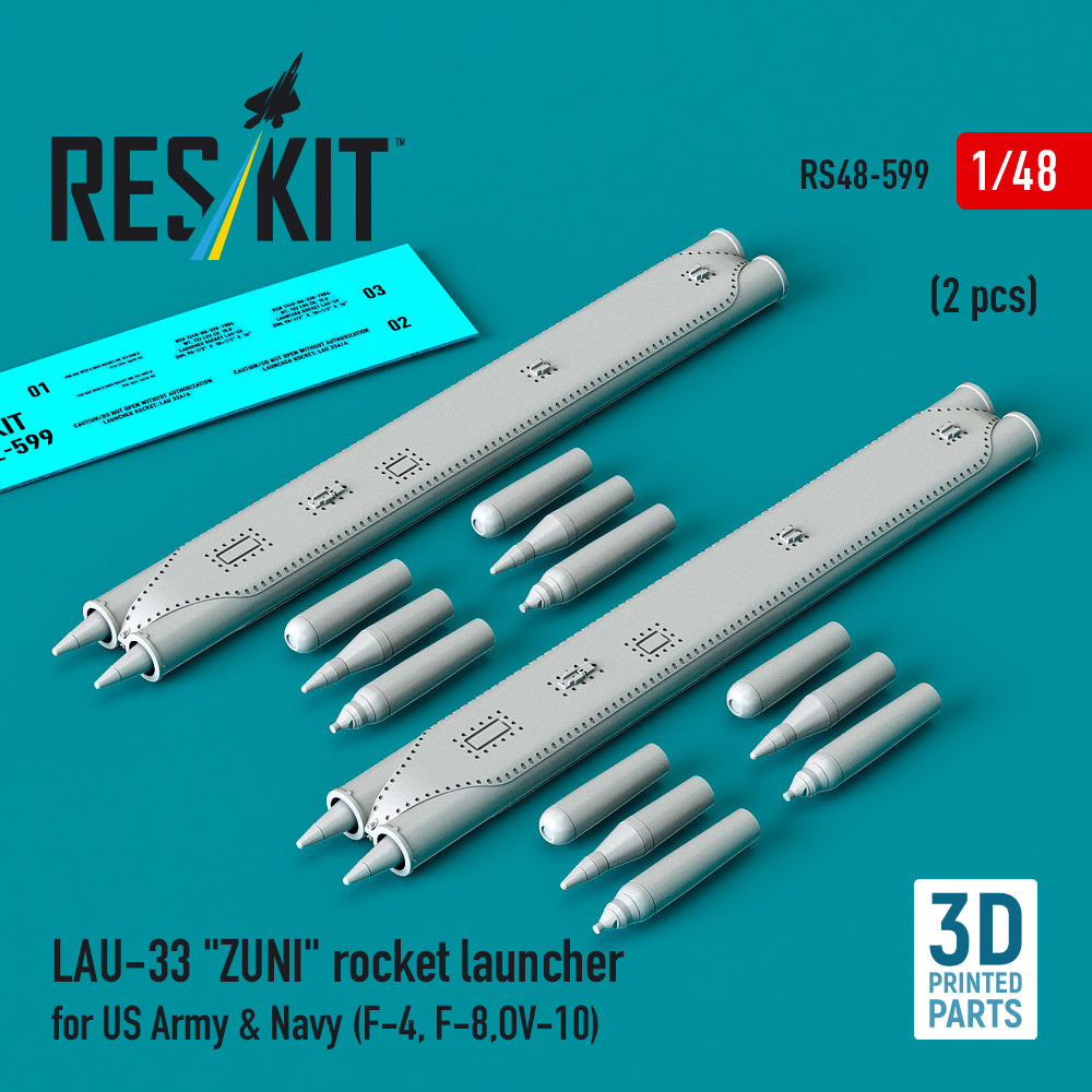 LAU-33 'ZUNI' rocket launcher for US Army & Navy (2 pcs) (F-4, Vought F-8, North-American/Rockwell OV-10) (3D-Printed) (1/48)