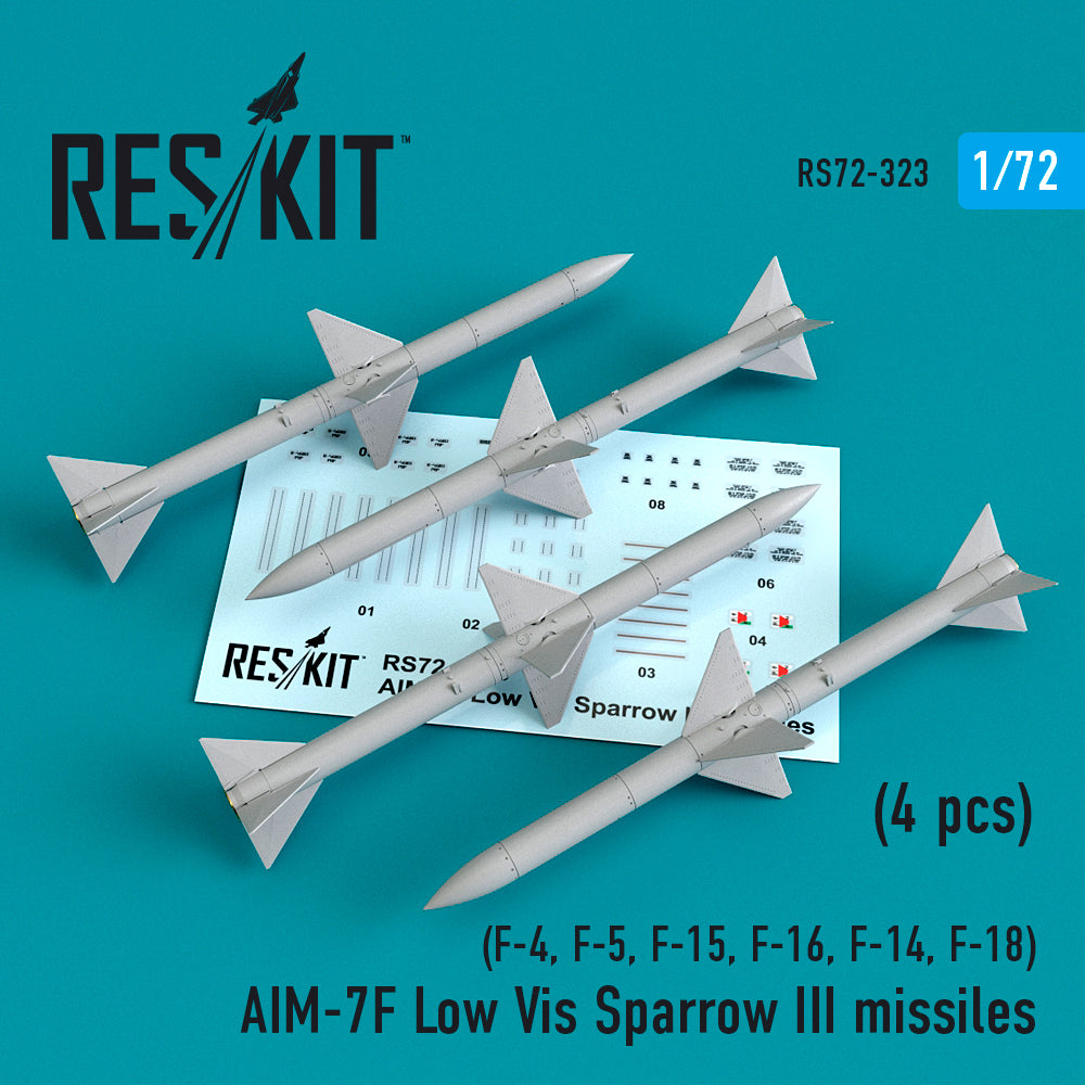 AIM-7F Low Vis Sparrow III missiles (4pcs) (McDonnell F-4, Northrop F-5, F-15, Lockheed-Martin F-16, Grumman F-14, F-18) (designed to be used with Academy, Hasegawa, Fine Molds, Fujimi, Italeri, Revell and Tamiya kits)
