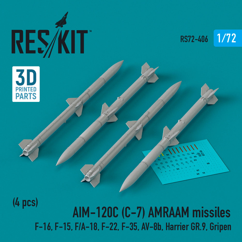 AIM-120C (C-7) AMRAAM missiles (4 pcs) (F-16, McDonnell F-15, F/A-18, Lockheed-Martin F-22, Lockheed-Martin F-35, McDonnell-Douglas AV-8b, Harrier GR.9, Gripen) (3D-Printed)