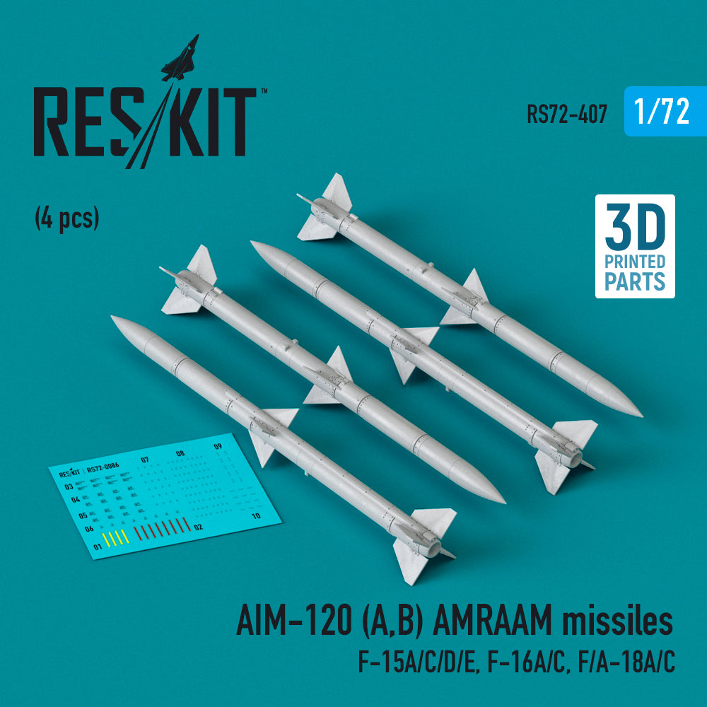 AIM-120 (A,B) AMRAAM missiles (4 pcs) (McDonnell F-15A/C/D/E, F-16A/C, F/A-18A/C) (3D-Printed)