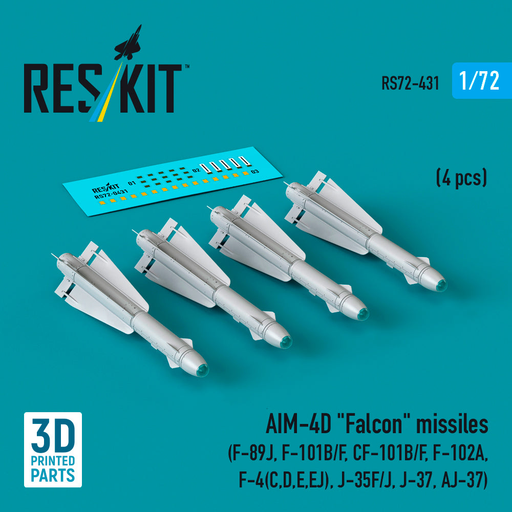 AIM-4D Falcon missiles (4 pcs) (F-89J, F-101B/F, CF-101B/F, F-102A, McDonnell F-4(C,D,E,EJ), J-35F/J, J-37, AJ-37) (3D-Printed)