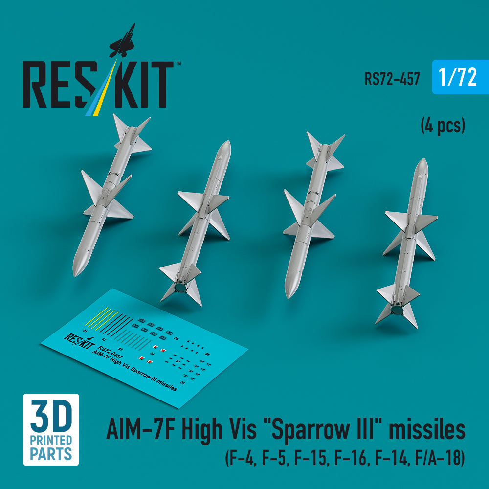 AIM-7F High Vis Sparrow III missiles (4 pcs) (McDonnell F-4, F-5, F-15, F-16, Grumman F-14, F/A-18) (3D-Printed)