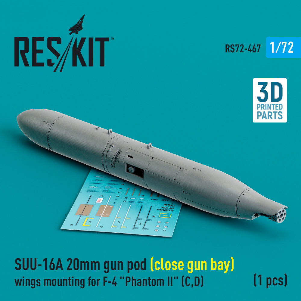 BACK IN STOCK!!! SUU-16A 20mm gun pod (close gun bay) wings mounting for McDonnell F-4C/F-4D Phantom II (1 pc) (designed to be used with Hasegawa and Italeri kits) (3D-Printed)