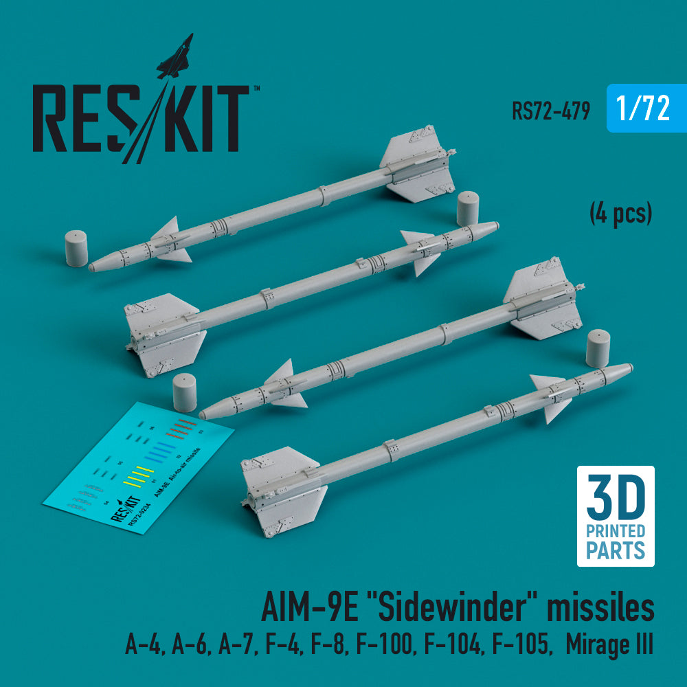 AIM-9E Sidewinder missiles (4 pcs) (Douglas A-4, A-6, LTV A-7, McDonnell F-4, F-8, North-American F-100, Lockheed F-104 Starfighter, Republic F-105D/F-105G Thunderchief, Dassault_Mirage III) (3D-Printed)
