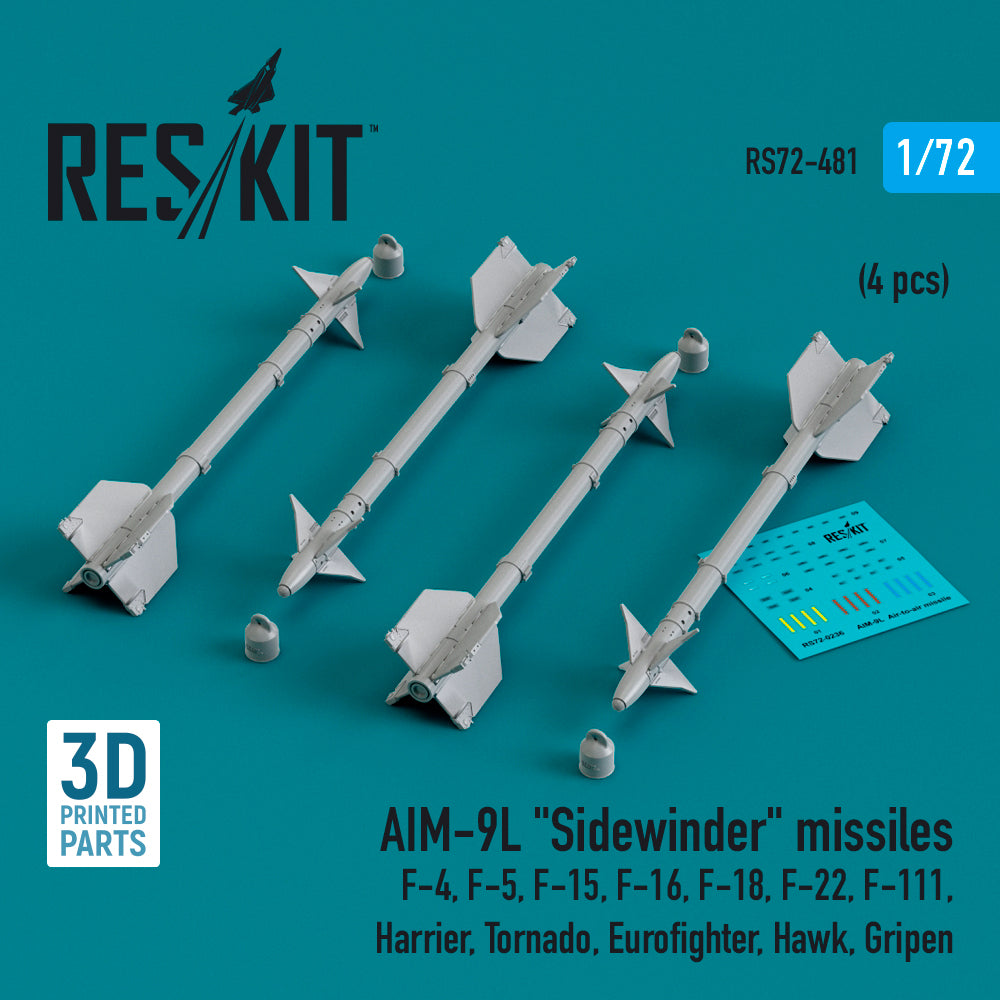 AIM-9L Sidewinder missiles (4 pcs) (McDonnell F-4, Northrop F-5, McDonnell F-15, F-16, F-18, Lockheed-Martin F-22, General-Dynamics F-111, BAe Harrier, Panavia Tornado, Eurofighter, Hawk, Gripen) (3D-Printed)