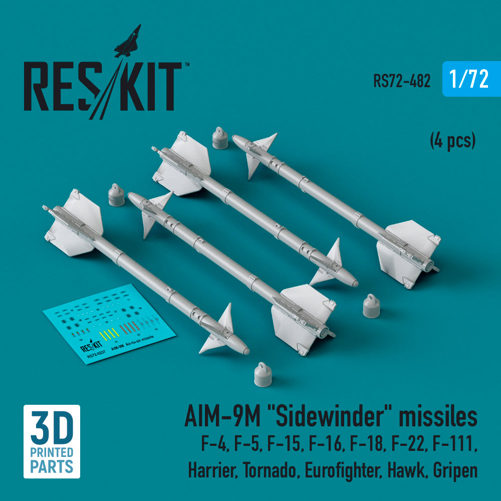 AIM-9M Sidewinder missiles (4 pcs) (McDonnell F-4, Northrop F-5, McDonnell F-15, F-16, F-18, Lockheed-Martin F-22, General-Dynamics F-111, BAe Harrier, Panavia Tornado, Eurofighter, Hawk, Gripen) (3D-Printed)