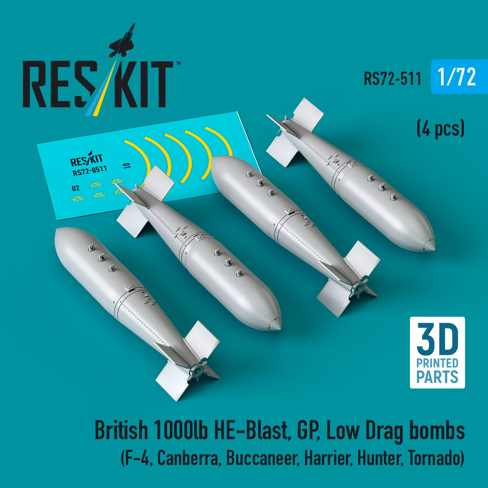 British 1000lb HE-Blast, GP, Low Drag bombs (4 pcs) (McDonnell F-4, Canberra, Buccaneer, Harrier, Hunter, Tornado) (3D-Printed)