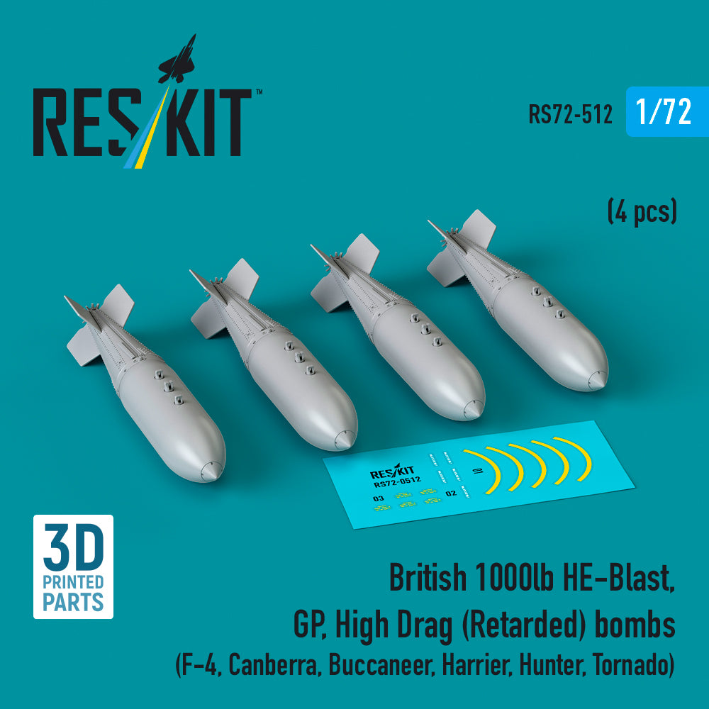 British 1000lb HE-Blast, GP, High Drag (Retarded) bombs (4 pcs) (McDonnell F-4, Canberra, Buccaneer, Harrier, Hunter, Tornado) (3D-Printed)