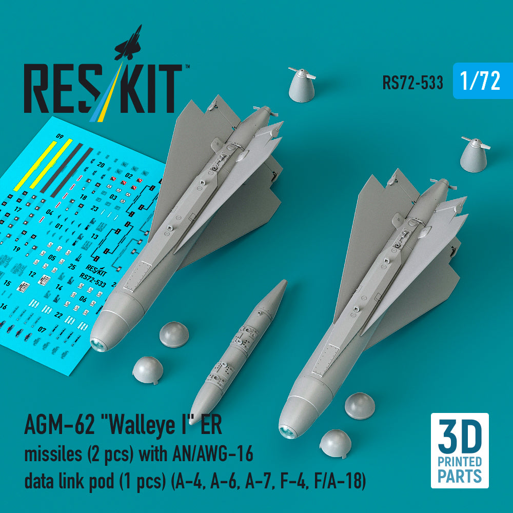 AGM-62 'Walleye II' ER missiles (2 pcs) with AN/AWG-16 data link pod (1 pcs) (Douglas A-4, A-6, A-7, F-4, F/A-18) (3D-Printed) (1/72)