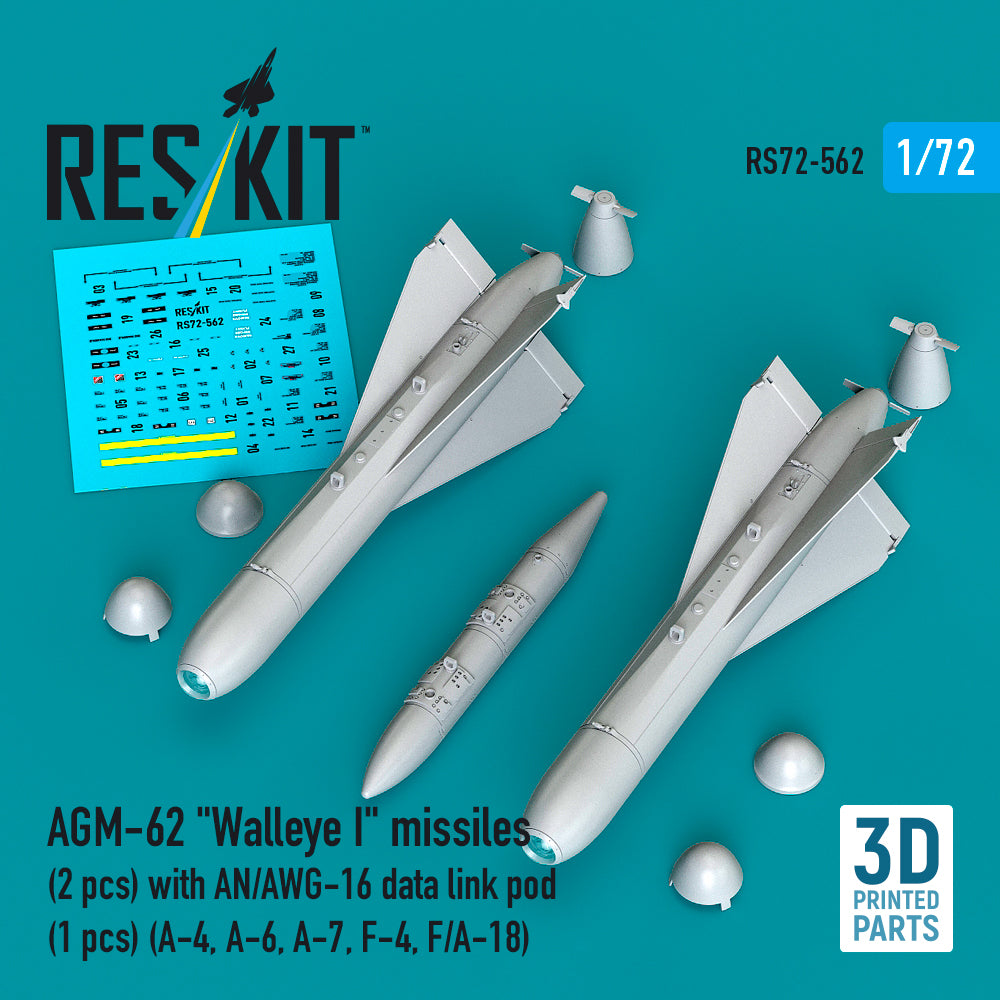 AGM-62 'Walleye I' missiles (2 pcs) with AN/AWG-16 data link pod (1 pcs) (Douglas A-4, A-6, A-7, F-4, F/A-18) (3D-Printed) (1/72)