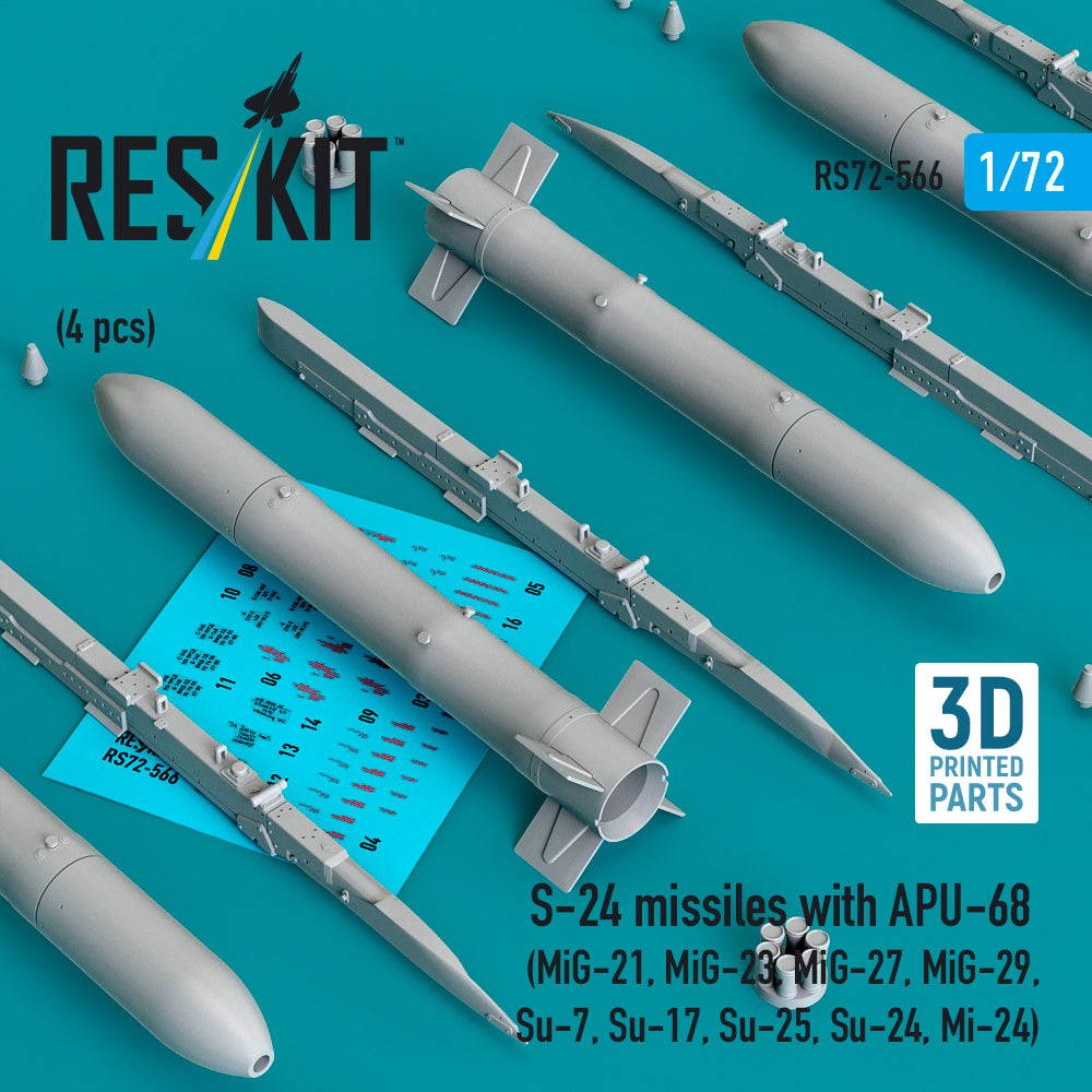 S-24 missiles with APU-68 (4 pcs) (Mikoyan MiG-21, Mikoyan MiG-23, Mikoyan MiG-27, Mikoyan MiG-29, Sukhoi Su-7, Su-17, Su-25, Su-24, Mi-24) (3D Printed)