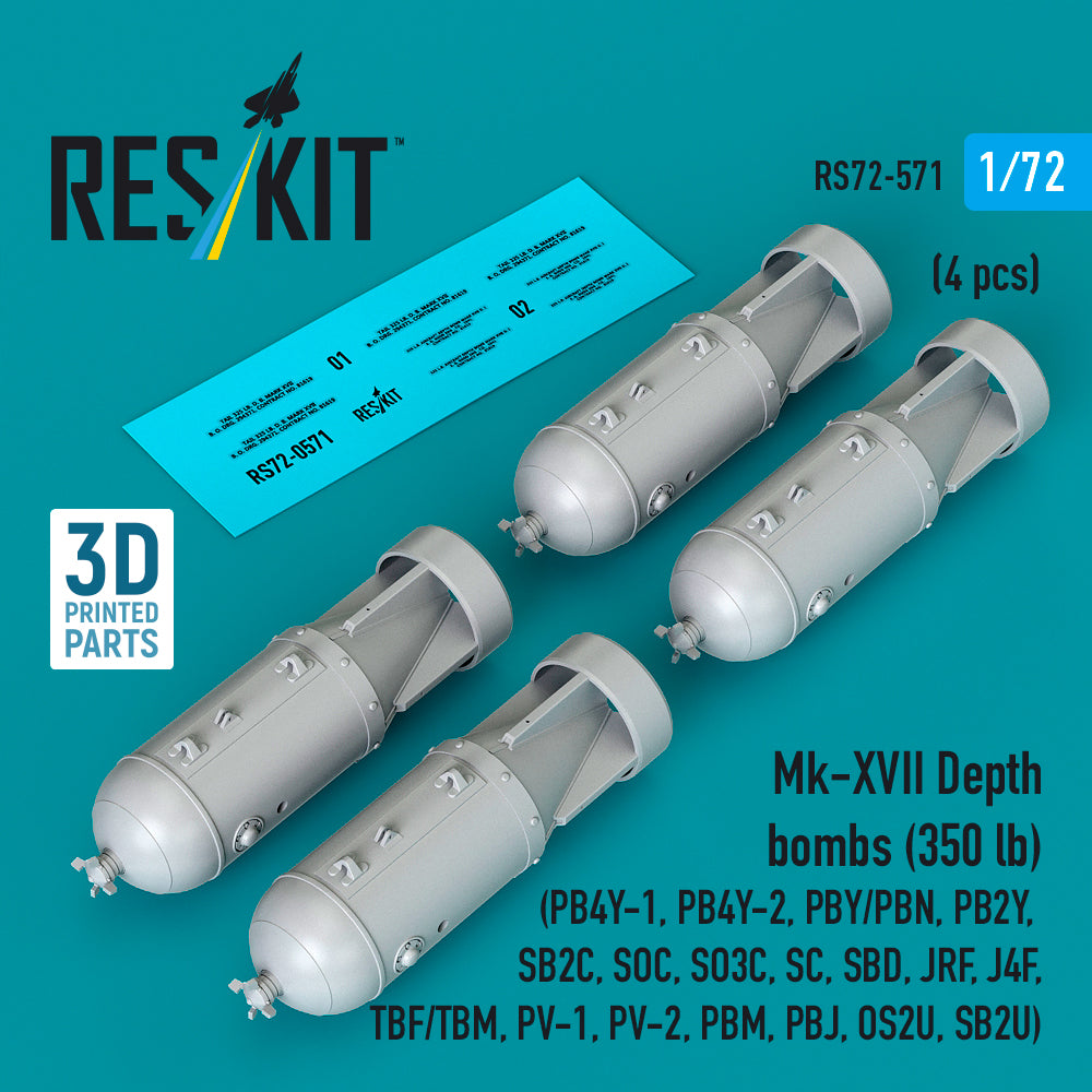 Mk-XVII Depth bombs (350 lb) (4 pcs) (Consolidated PB4Y-1, PB4Y-2, PBY/PBN, PB2Y, SB2C, SOC, SO3C, SC, SBD, JRF, J4F, TBF/TBM, PV-1, PV-2, PBM, PBJ, OS2U, SB2U) (3D-Printed) (1/72)