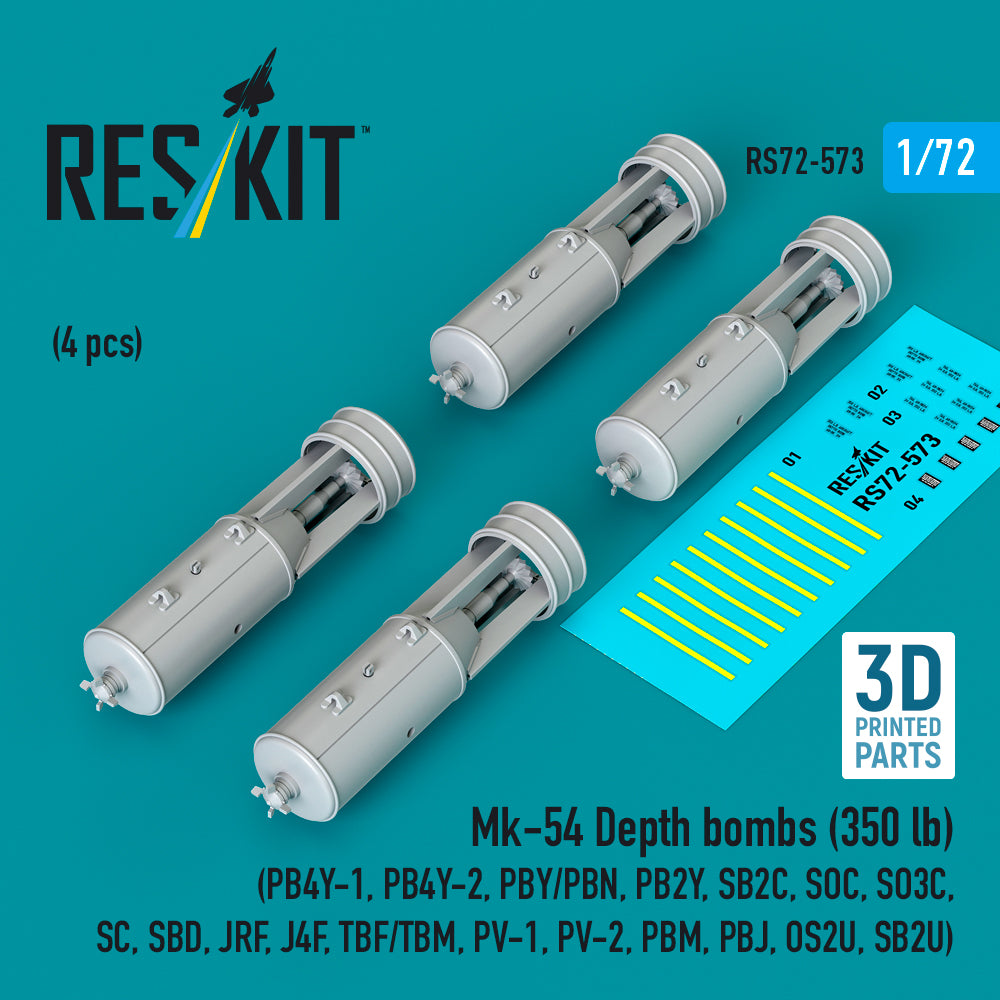 Mk-54 Depth bombs (350 lb) (4 pcs) (Consolidated PB4Y-1, PB4Y-2, PBY/PBN, PB2Y, SB2C, SOC, SO3C, SC, SBD, JRF, J4F, TBF/TBM, PV-1, PV-2, PBM, PBJ, OS2U, SB2U) (3D-Printed) (1/72)