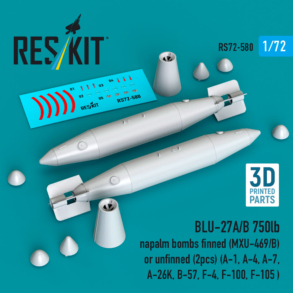 BLU-27A/B 750lb napalm bombs finned (MXU-469/B) or unfinned (2pcs) (A-1, A-4, LTV A-7, A-26K, B-57, F-4, F-100, F-105 ) (3D Printed)