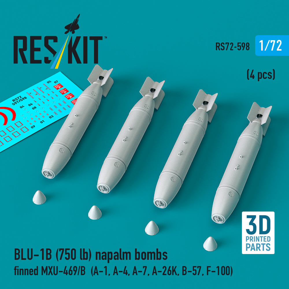 BLU-1B (750lb) napalm bombs finned MXU-469/B (4 pcs) (A-1, Douglas A-4, A-7, A-26K, B-57, F-100) (3D-Printed) (1/72)