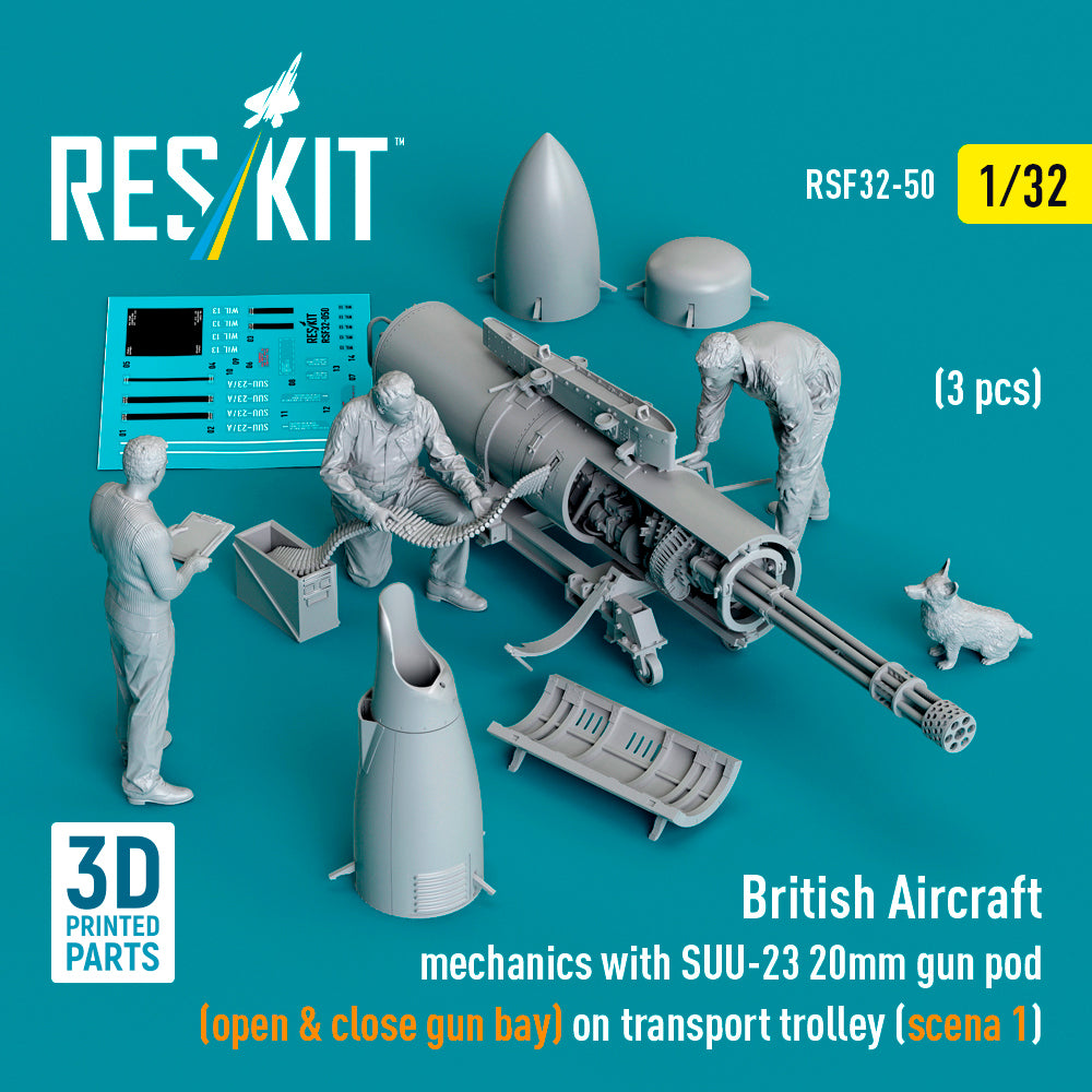 British Aircraft mechanics with SUU-23 20mm gun pod (open & close gun bay) on on transport trolley (scene 1) (3 pcs) (3D-Printed)