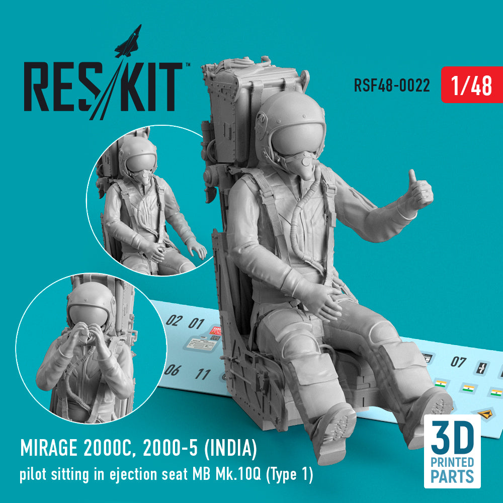 Dassault_Mirage 2000C, 2000-5 (INDIA) pilot sitting in ejection seat MB Mk.10Q (Type 1) (designed to be used with Kinetic Model kits) 3D-Printed (discontinued by Reskit June 2025)