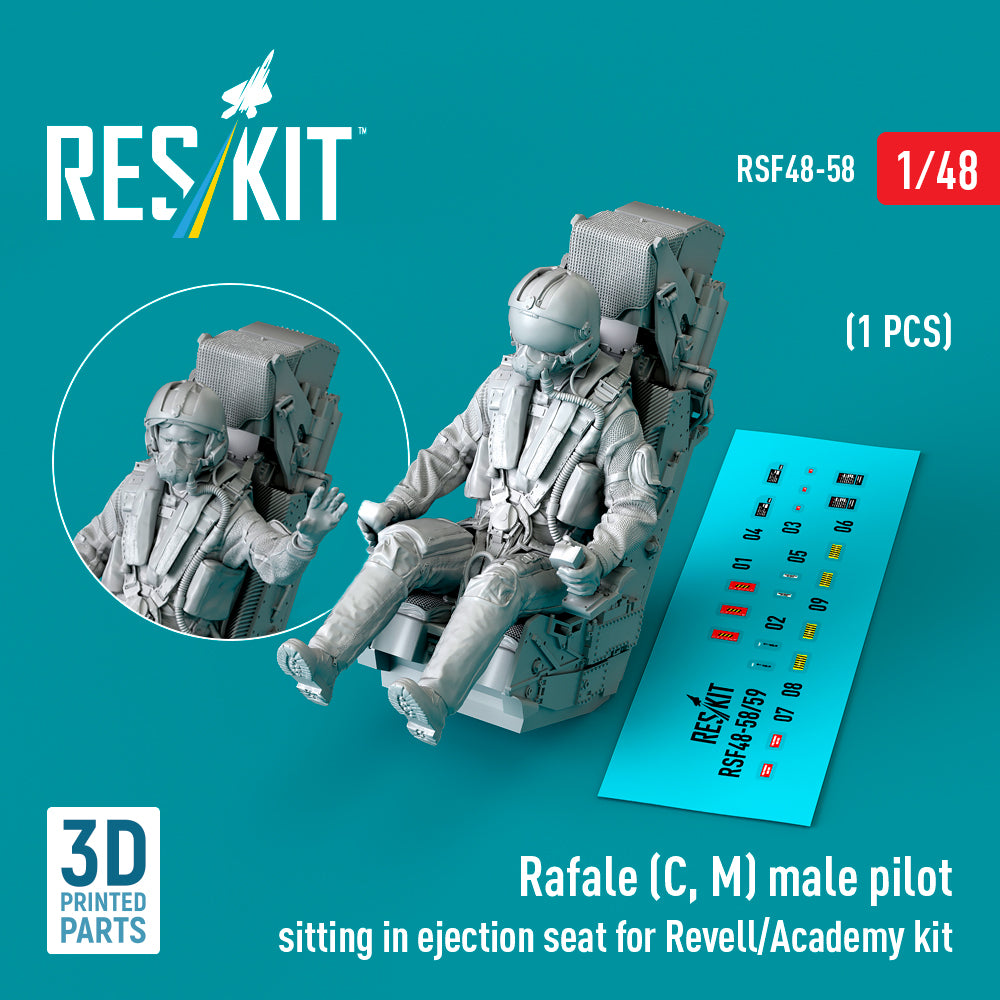 Dassault Rafale (C, M) male pilot sitting in ejection seat (designed to be used with Academy and Revell kits) (1 pcs) (3D-Printed)