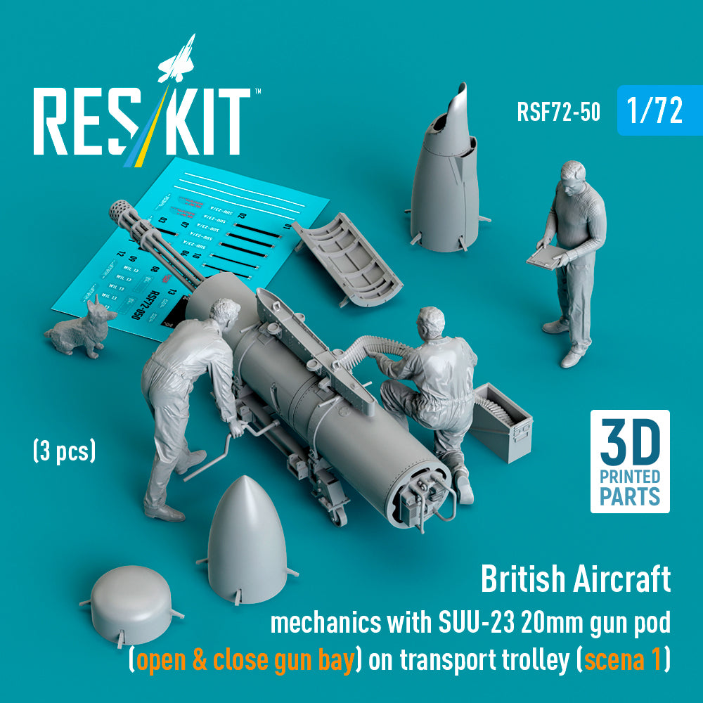 British Aircraft mechanics with SUU-23 20mm gun pod (open & close gun bay) on transport trolley (scene 1) (3 pcs) (3D-Printed)