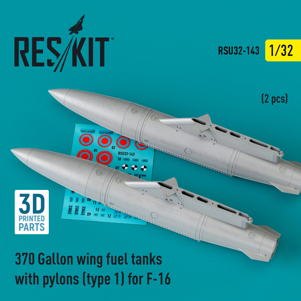 370 Gallon wing fuel tanks with pylons (type 1) for Lockheed-Martin F-16A/F-16B/F-16C/F-16D/F-16E/F-16F/F-16I (2 pcs) (3D-Printed)