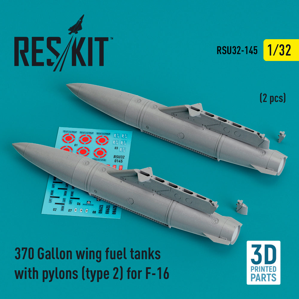 370 Gallon wing fuel tanks with pylons (type 2) for Lockheed-Martin F-16A/F-16B/F-16C/F-16D/F-16E/F-16F/F-16I (2 pcs) (3D-Printed)