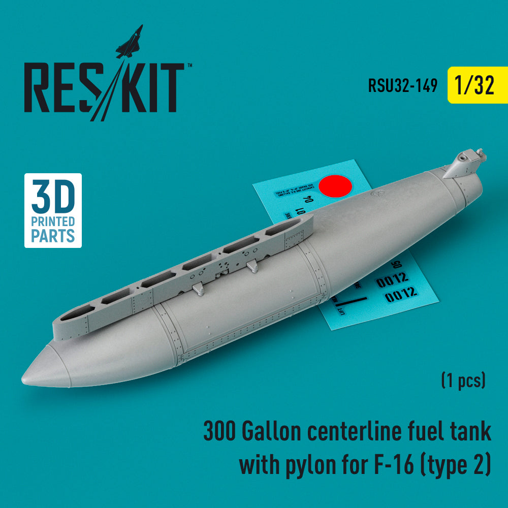 300 Gallon centerline fuel tank with pylon for Lockheed-Martin F-16A/F-16B/F-16C/F-16D/F-16E/F-16F/F-16I (type 2) (1 pc) (3D-Printed)