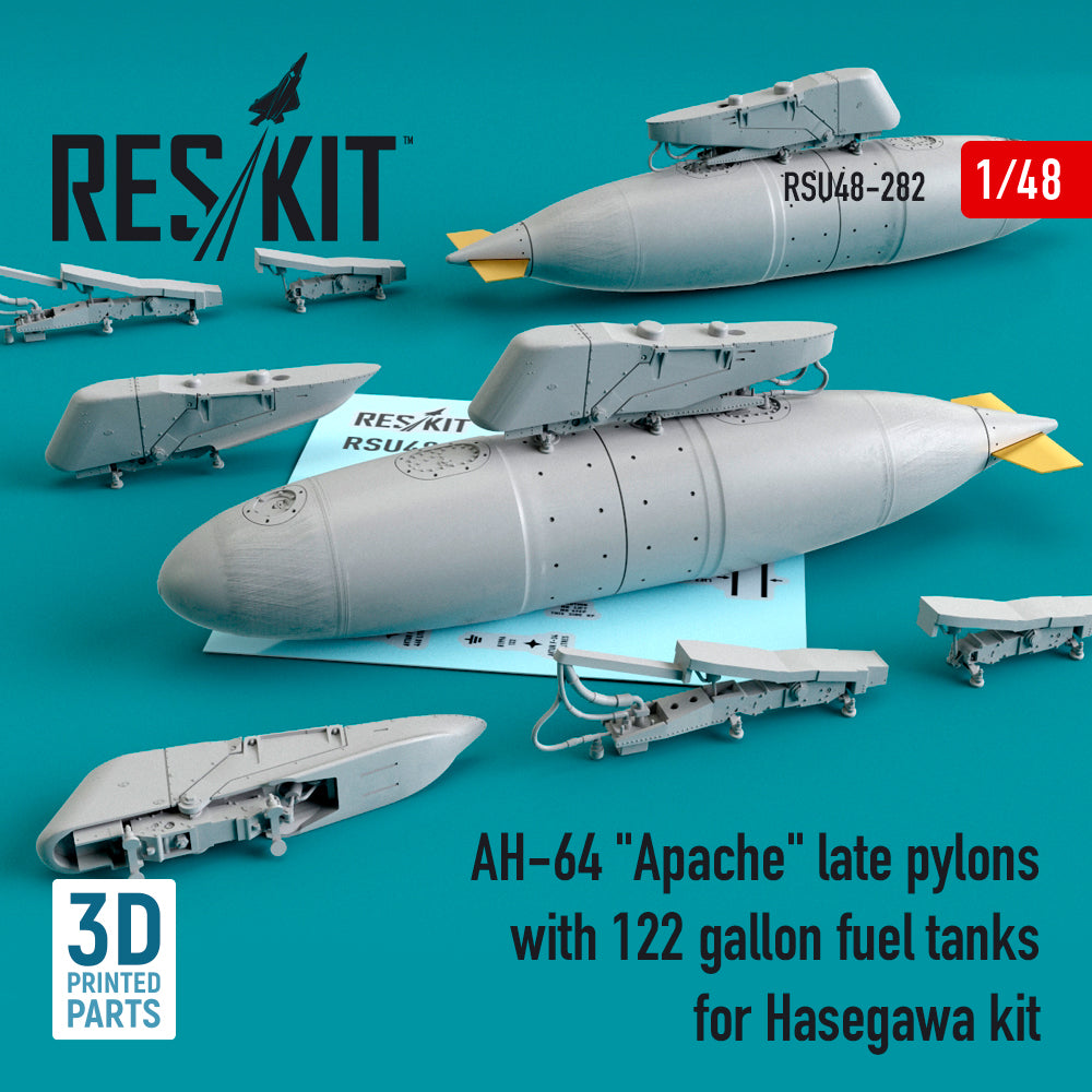 Bell/Boeing AH-64 Apache late pylons with 122 gallon fuel tanks (designed to be used with Hasegawa kits) (3D-Printed) (ResKit sold out February 2026)