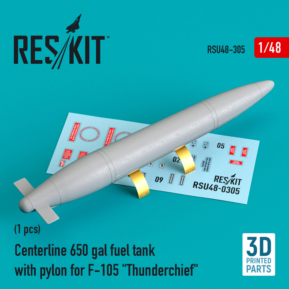 Centerline 650 gal fuel tank with pylons for Republic F-105D/F-105G Thunderchief (1 pc) (3D-Printed) (designed to be used with Hobby Boss, Monogram and Revell kits)