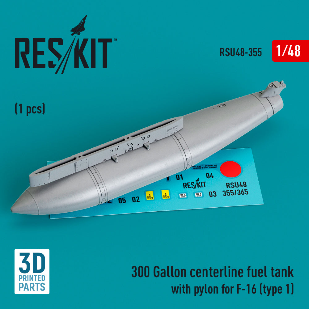 300 Gallon centerline fuel tank with pylon for Lockheed-Martin F-16A/F-16B/F-16C/F-16D/F-16E/F-16F/F-16I (type 1) (1 pc) (3D-Printed)