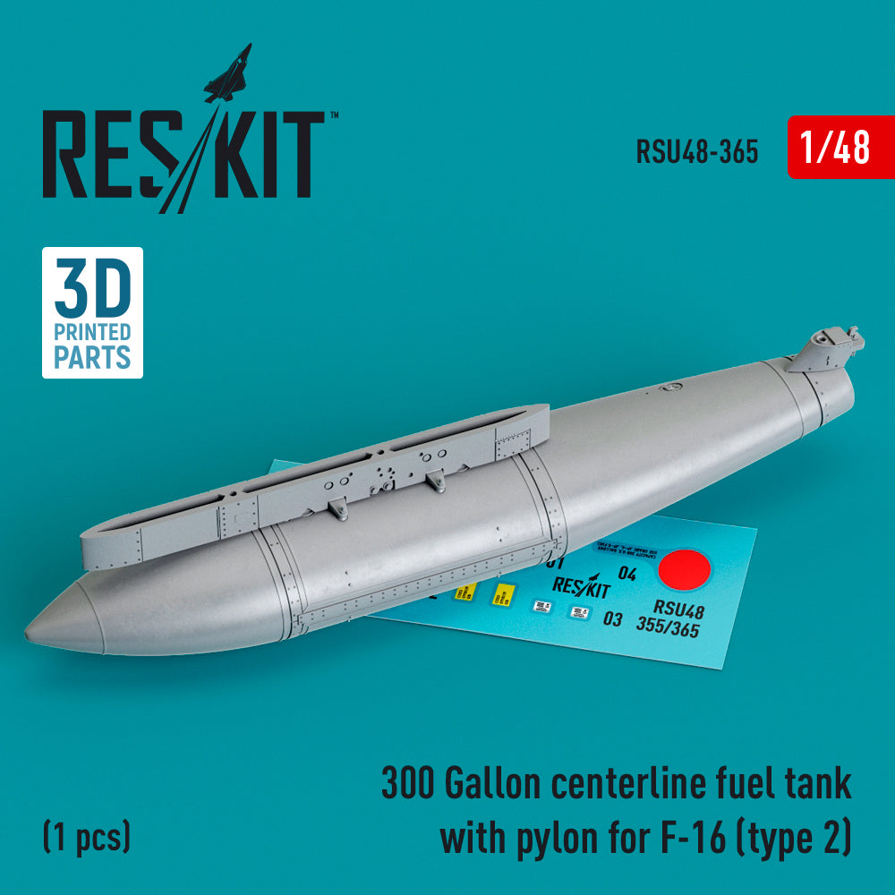 300 Gallon centerline fuel tank with pylon for Lockheed-Martin F-16A/F-16B/F-16C/F-16D/F-16E/F-16F/F-16I (type 2) (1 pc) (3D-Printed) (designed to be used with Hasegawa, Kinetic Model and Tamiya kits)