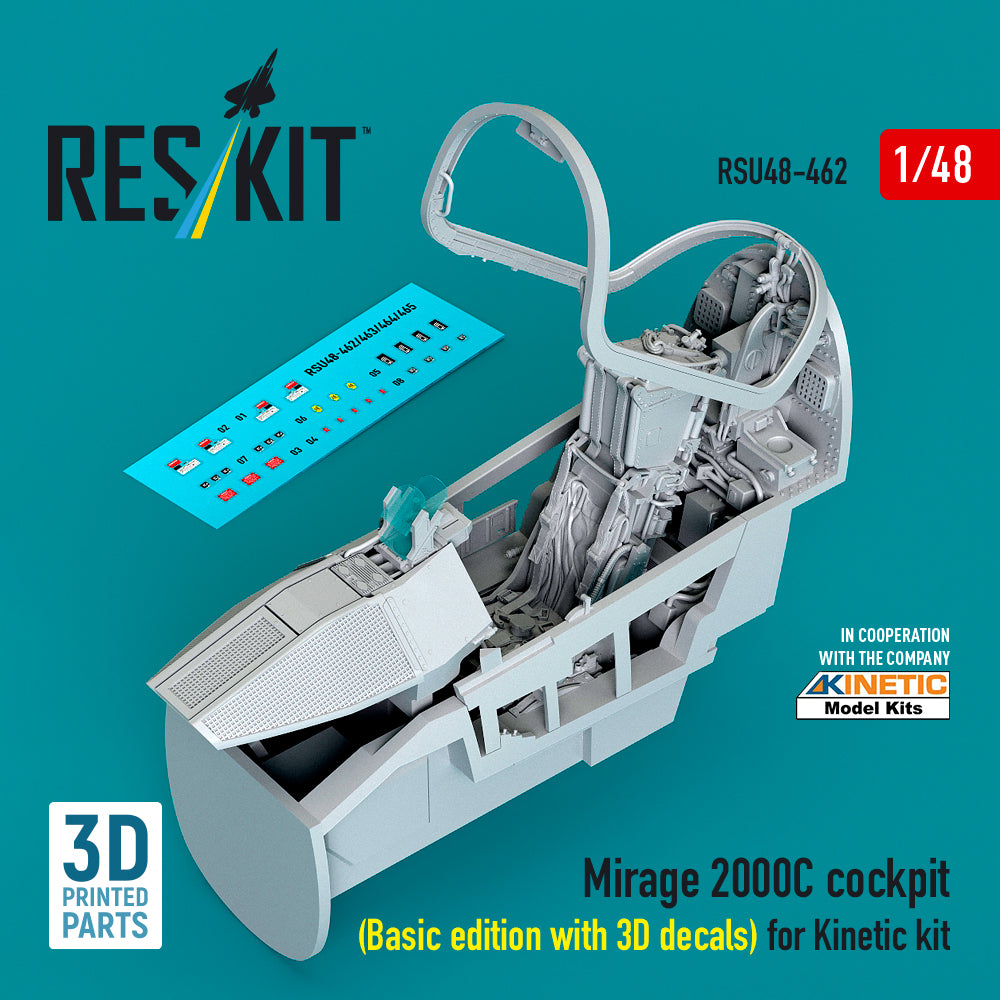 Dassault_Mirage 2000C cockpit (Basic edition with 3D-decals) (designed to be used with Kinetic Model kits) (3D-Printed) (1/48)