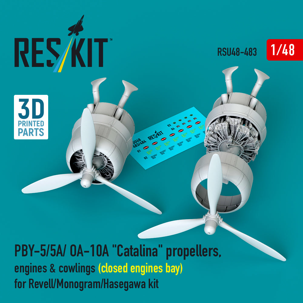 Consolidated PBY-5/PBY-5A/ OA-10A Catalina propellers, engines & cowlings (closed engines bay) (designed to be used with Hasegawa, Monogram and Revell kits) 3D-Printed