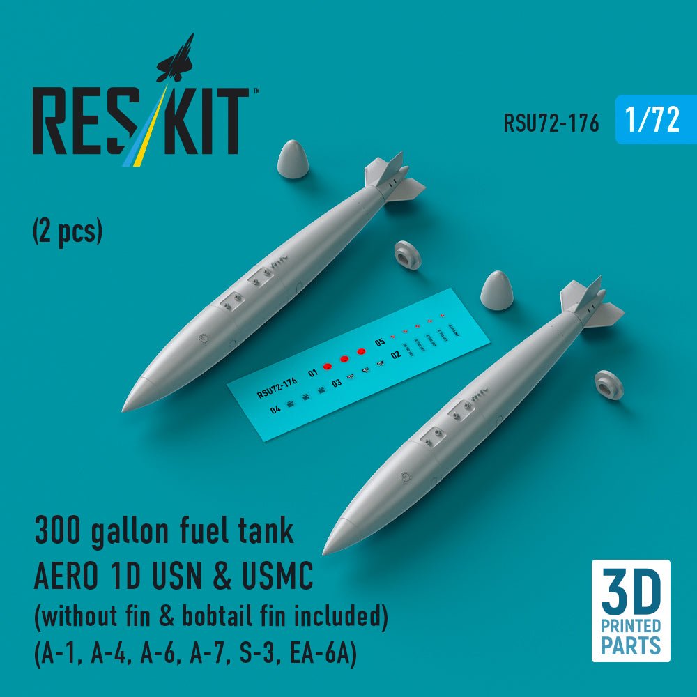 300 gallon fuel tank AERO 1D USN & USMC (without fin & bobtail fin included) (2 pcs) (A-1, Douglas A-4, A-6, LTV A-7B/A-7D/A-7E Corsair , S-3, EA-6A) (3D-Printed)
