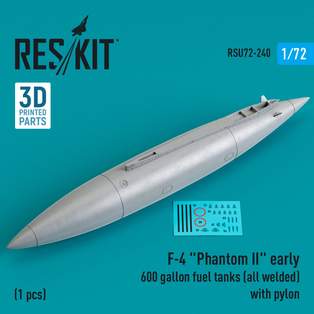 McDonnell F-4 Phantom II early 600 gallon fuel tanks (all welded) with pylon (1 pc) (3D-Printed) (1/72)