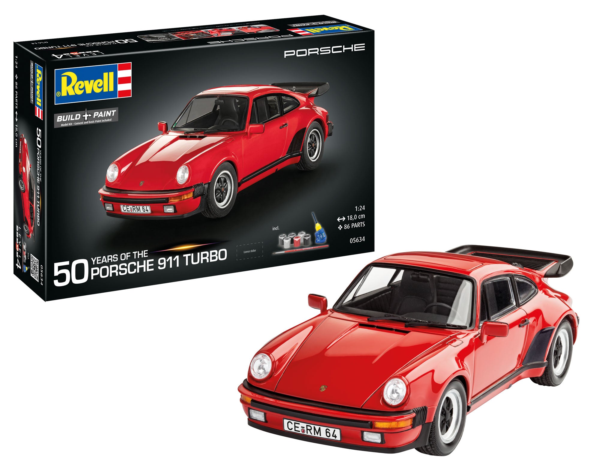 Red Porsche model car and its packaging on a white background