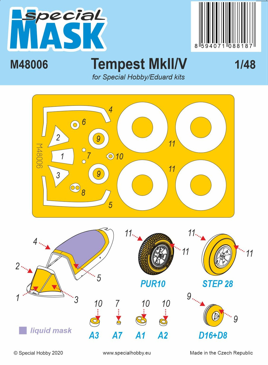 Hawker Tempest Mk.II/Mk.V Pre-cut painting canopy and wheels paint masks (designed to be used with Special Hobby kits)