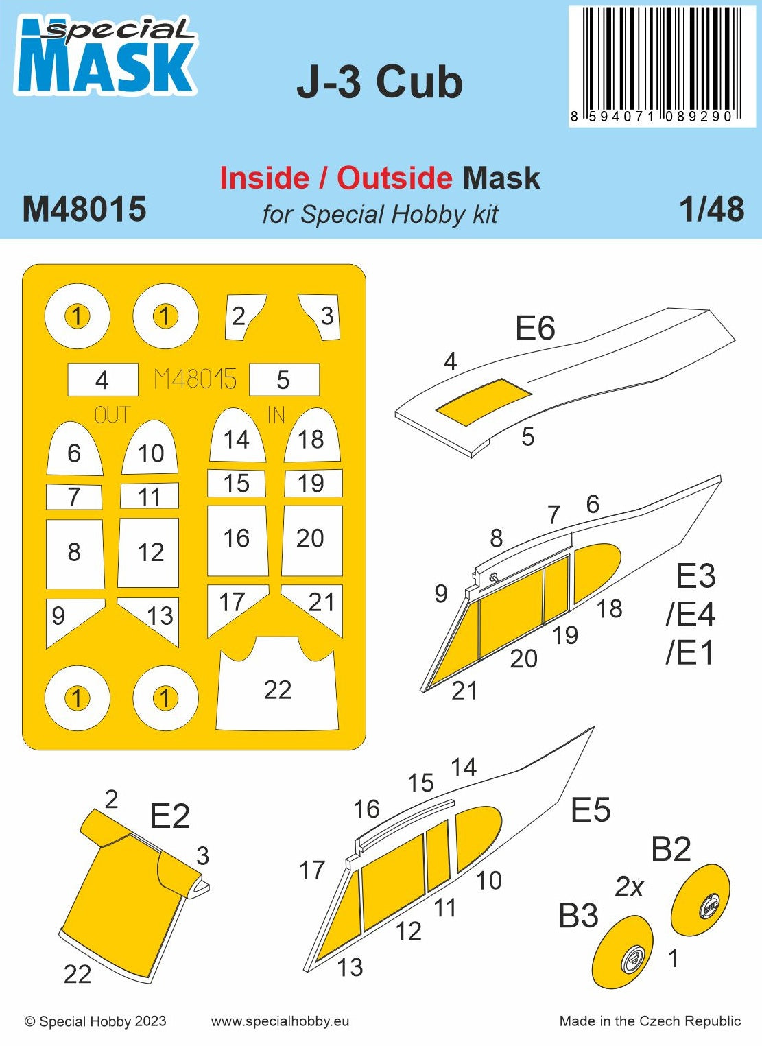 Piper J-3 Cub Pre-cut paint mask for both the inside and outside of Specia Hobby's J-3 Cub glazing and also for the undercarriage wheels. (designed to be used with Special Hobby kits)