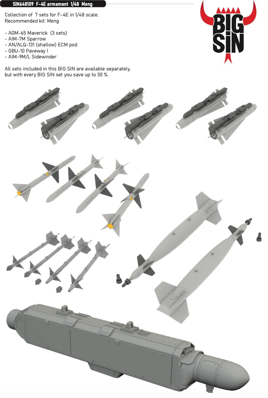 McDonnell F-4E Phantom armament (designed to be used with Meng Model kits) Contains....AGM-65 Maverick (3 sets)AIM-7M SparrowAN/ALQ-131 (shallow) ECM podGBU-10 Paveway IAIM-9M/L Sidewinder