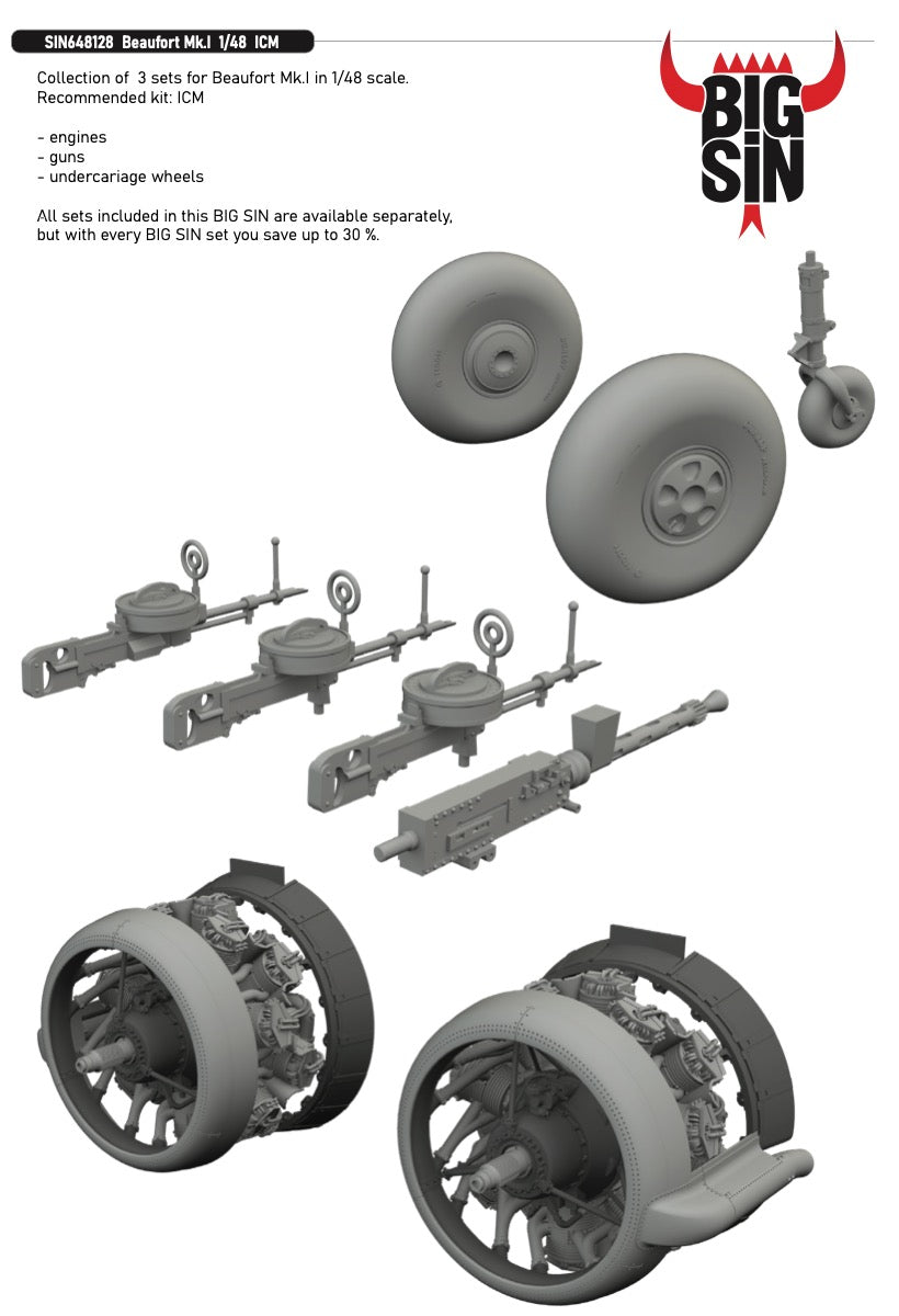 Bristol Beaufort Mk.I 1/48 (designed to be used with ICM UA UK kits) Collection of 3 sets for Beaufort Mk.I in 1/48 scale. Recommended kit: ICM- engines- guns- undercariage wheelsAll sets included in this BIG SIN are available separately,