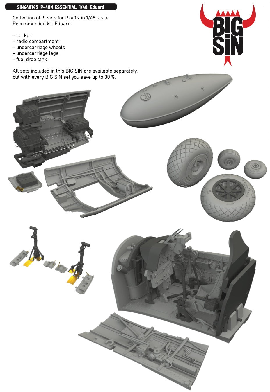 Curtiss P-40N Warhawk ESSENTIAL 1/48 (designed to be used with Eduard kits) Collection of 5 sets for P-40N in 1/48 scale. Recommended kit: Eduard- cockpit- radio compartment- undercarriage wheels - undercarriage legs- fuel drop tank